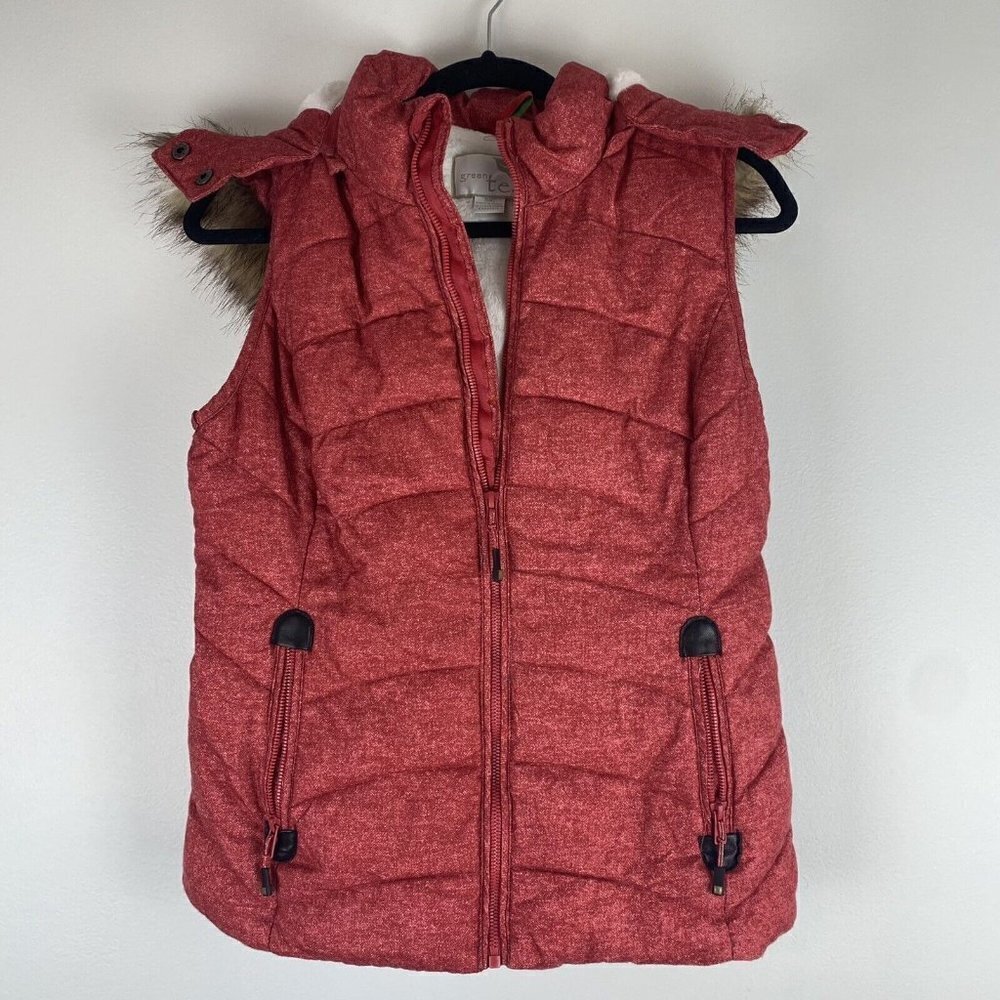 Green Tea Women's Faux Fur Lined Vest Size S Red Zip Up Hooded Fall Winter Layer